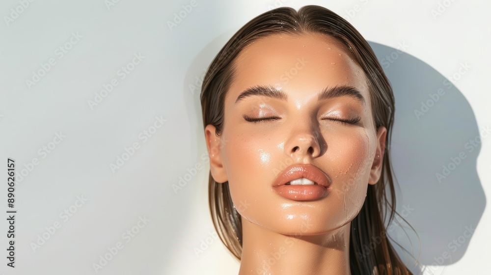 Naklejka premium A model with flawless skin and soft, natural makeup, her hair flowing freely, high-resolution photo, realistic photo, hyper realistic
