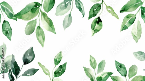 Green Watercolor Leaves Border on a White Background