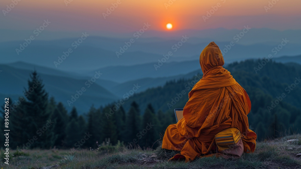 a monk working on a laptop looking out over the mountains at sunrise,generative ai a monk working on a laptop looking out over the mountains at sunrise,generative ai