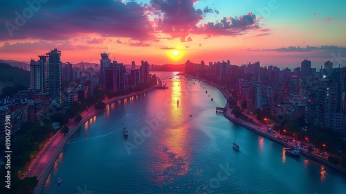 Wallpaper Mural River's Glow: Aerial Serenity Under Vibrant Sunset Torontodigital.ca