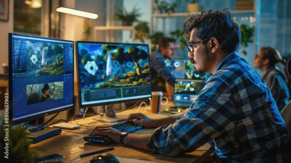 An Indian male game designer engrossed in creating 3D models for an adventure game on his desktop, working within a diverse and inclusive game development office. An Indian male game designer engrossed in creating 3D models for an adventure game on his desktop, working within a diverse and inclusive game development office.