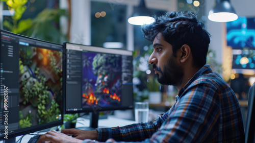 An Indian male game designer focused on his desktop screen, using 3D modeling software to build an immersive adventure game's characters and worlds in a bustling, diverse office.