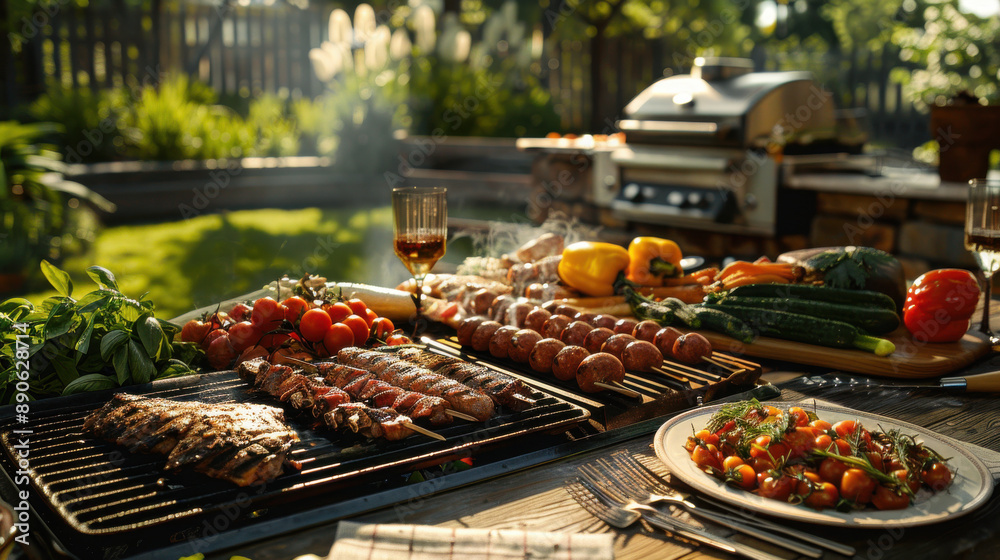 Obraz premium An outdoor barbecue setup with various grilled meats and vegetables, a fork placed invitingly in the foreground, advertising photography