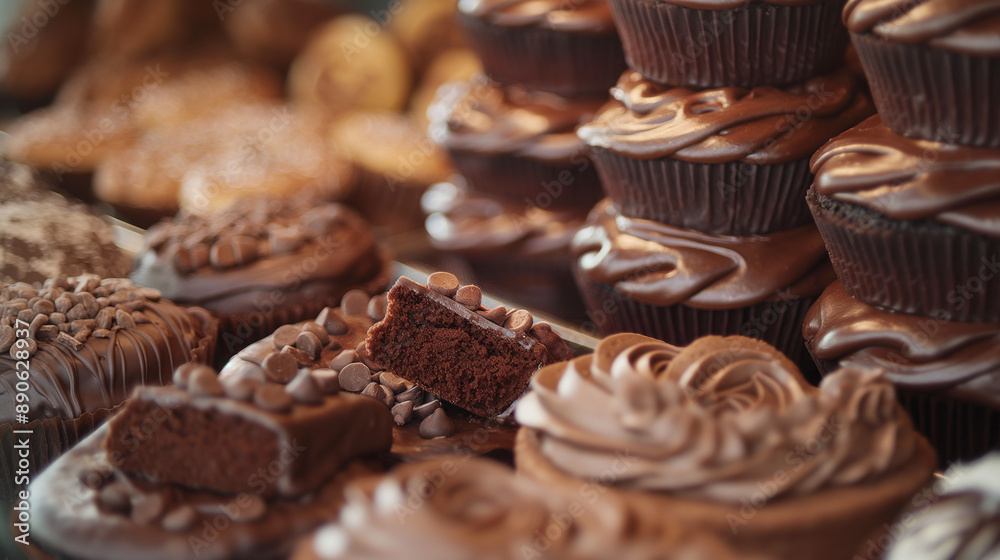 Chocolate pastry cakes and cookies in bakery. Sweet delicious dark cocoa cream food, tasty brown or black snack, yummy candy treat Chocolate pastry cakes and cookies in bakery. Sweet delicious dark cocoa cream food, tasty brown or black snack, yummy candy treat