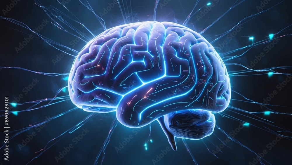 Glowing digital brain with circuit board patterns and blue neural connections. AI and technology concept with glowing dots Glowing digital brain with circuit board patterns and blue neural connections. AI and technology concept with glowing dots