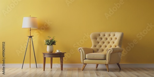 Tufted armchair and coffee table with lamp near yellow wall AI-Created Content