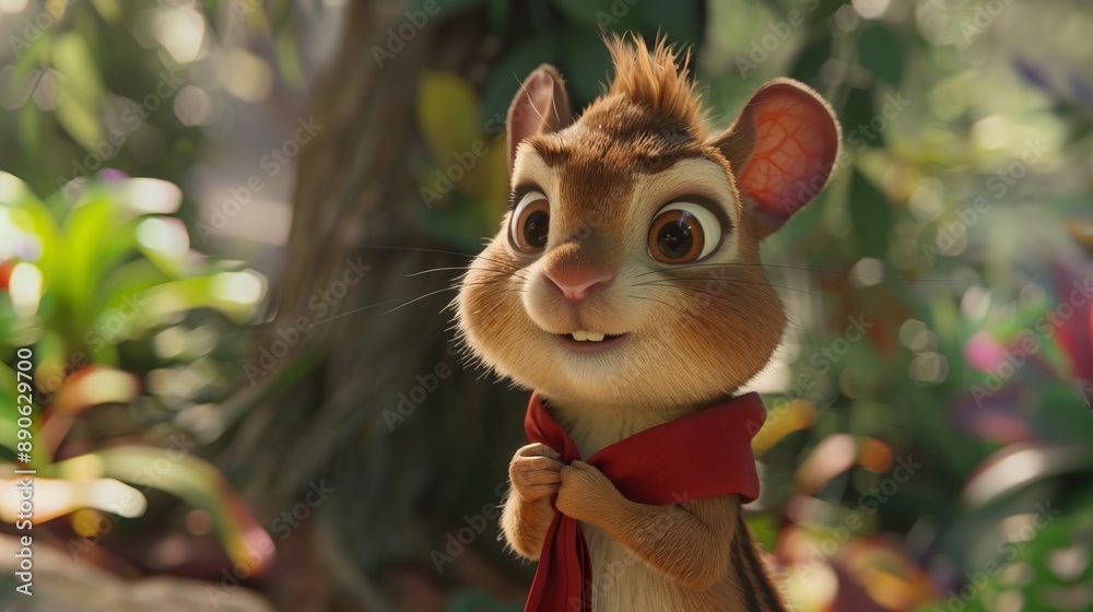 A charming cartoon mouse with a red scarf stands in a lush green forest, surrounded by vibrant foliage, capturing a scene of innocence, charm, and an animated world. A charming cartoon mouse with a red scarf stands in a lush green forest, surrounded by vibrant foliage, capturing a scene of innocence, charm, and an animated world.