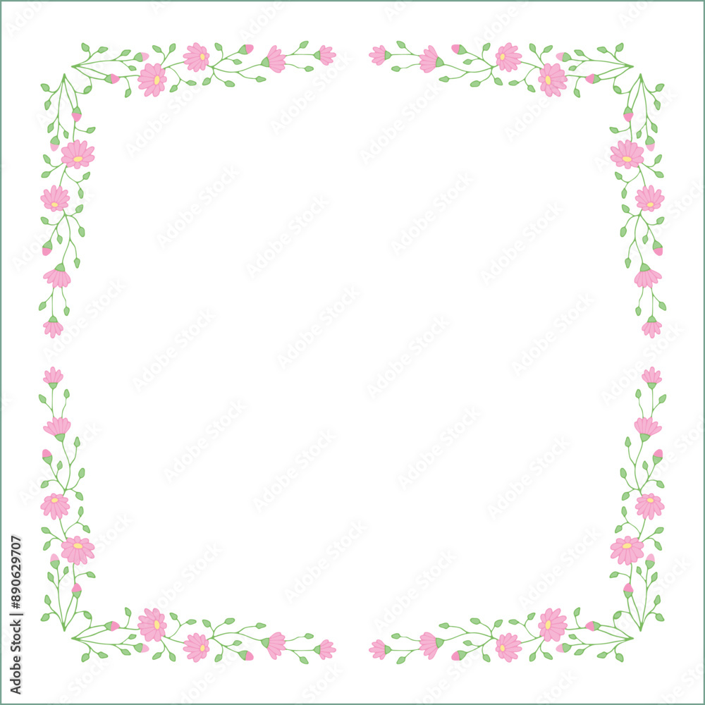 Elegant green and pink vegetal ornamental frame with daisy flowers, decorative border, corners for greeting cards, banners, business cards, invitations, menus. Isolated vector illustration.
Elegant green and pink vegetal ornamental frame with daisy flowers, decorative border, corners for greeting cards, banners, business cards, invitations, menus. Isolated vector illustration.