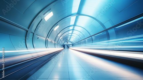 Blurred Metro Escalator with Light Blue