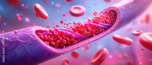 Explore a flat design illustration depicting restricted blood flow in a clogged artery, highlighting the impact on circulation and health awareness.