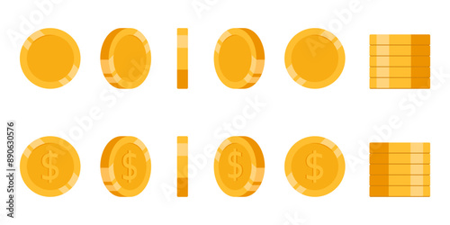 Set of rotating gold coins isolated on a white background. Set of icons of gold coins rotating in different angles for animation. Set of gold coins. Dollars. Flat vector illustration.