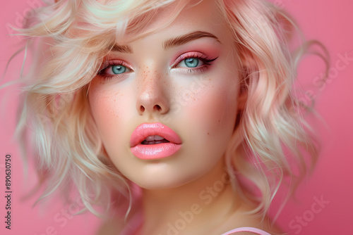 Woman with glamourous makeup with pink lipstick and blond hair in front of pink background.
