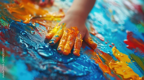 Close-up of a child's hand covered in vibrant paint, creating abstract art on a canvas.