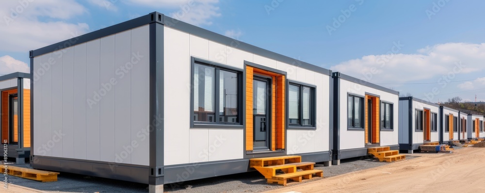 Fototapeta premium Constructing Efficient Modular Units On-Site with Copy Space, Focus on Assembly, Deep Depth of Field