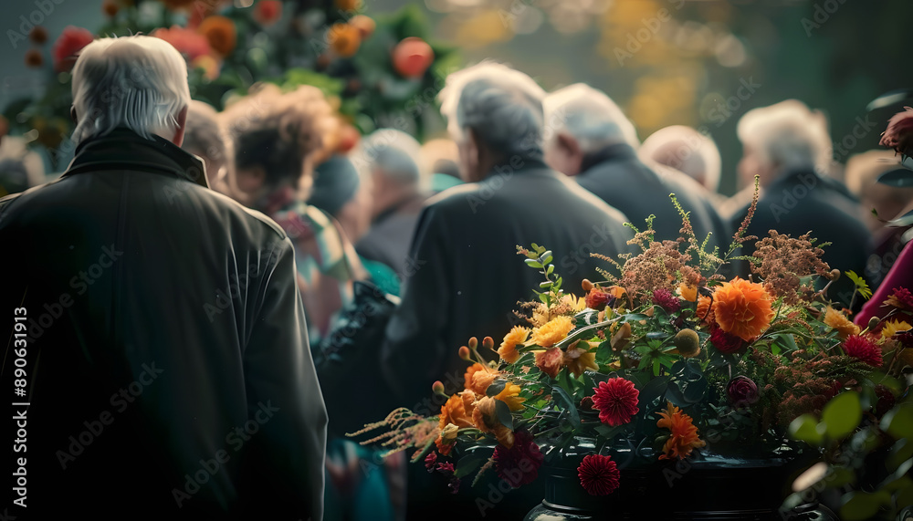Naklejka premium Mourning people gather around a flower adorned burial urn bidding a sad farewell to the deceased at a memorial service