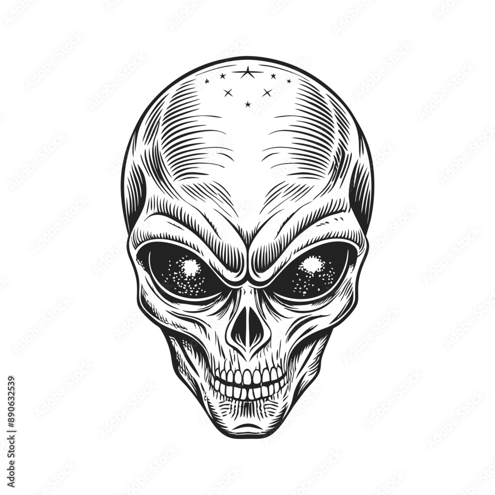 Fototapeta premium alien head engraving hand drawn illustration isolated white background