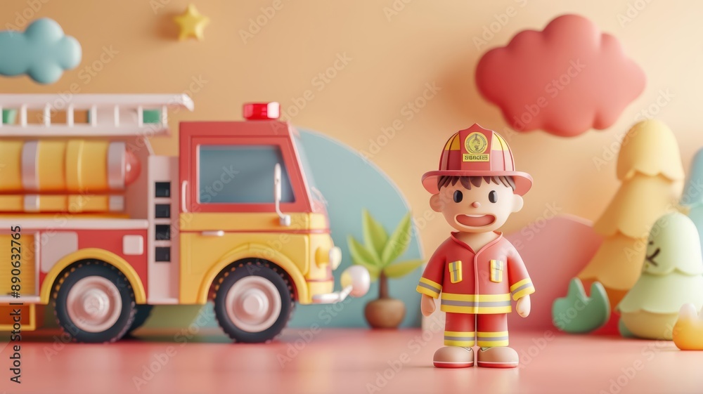Little clay firefighter in uniform, 3D render, bright red and yellow ...