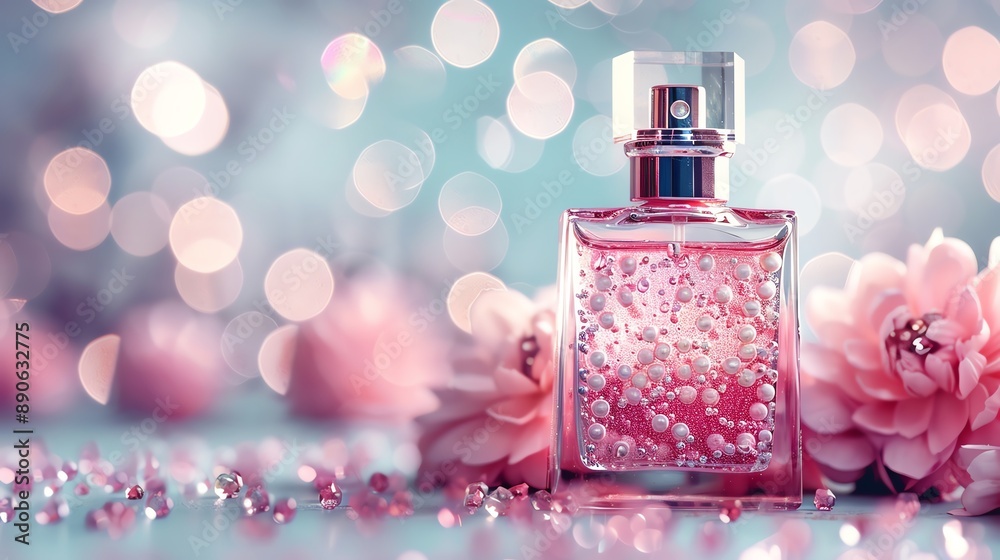 Elegant pink perfume bottle with delicate floral design, surrounded by beautiful blossoms and sparkling bokeh lights for a romantic atmosphere. Elegant pink perfume bottle with delicate floral design, surrounded by beautiful blossoms and sparkling bokeh lights for a romantic atmosphere.