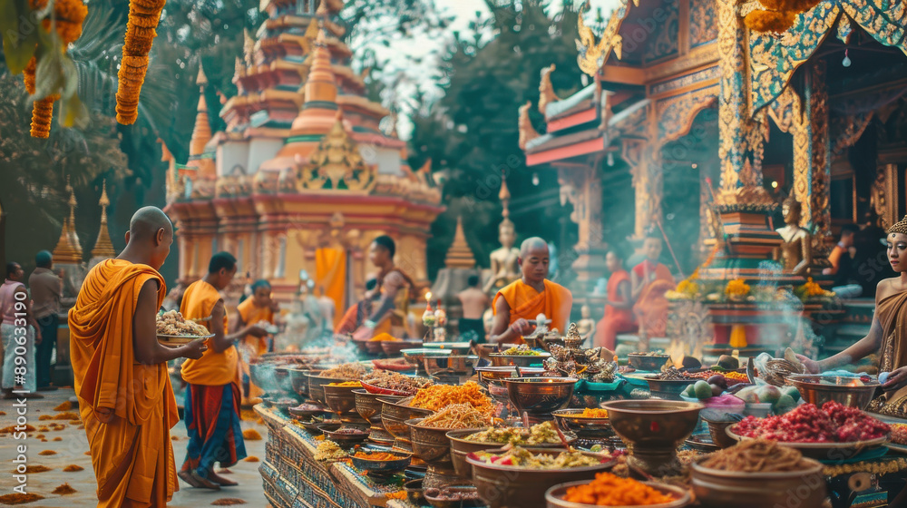Fototapeta premium Buddhists making offerings to monks on Asalha Puja Day, vibrant temple background