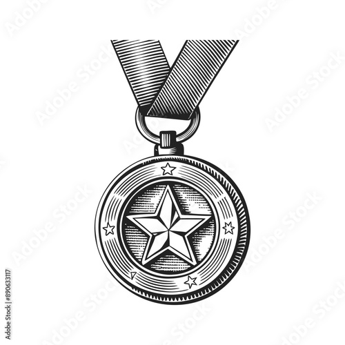 gold medal engraving hand drawn illustration isolated white background