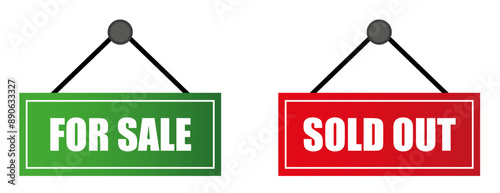 Carteles en ingles color verde "for sale" y color rojo "sold out" para gráfica, tiendas virtuales, sitios web y app.