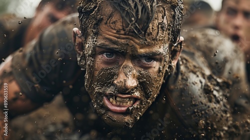 A man completely covered in mud, pressing forward during a demanding obstacle course, reflecting extreme physical exertion, mental toughness, and determination in a natural setting.