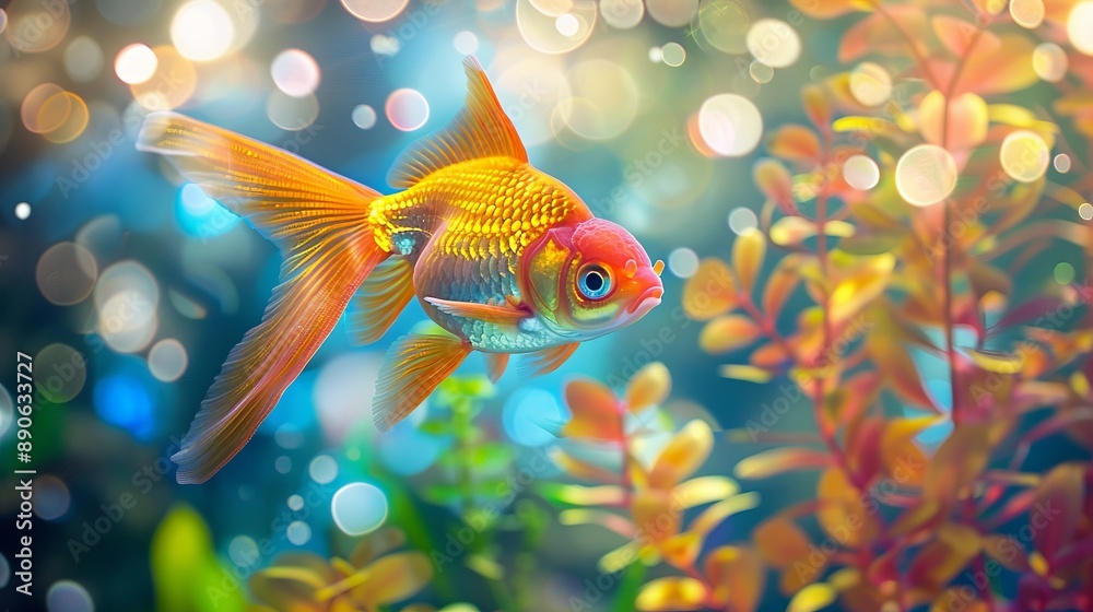 A vibrant goldfish with long flowing fins swims among foliage in an underwater scene, highlighted by a bokeh effect that creates a dreamy atmosphere. A vibrant goldfish with long flowing fins swims among foliage in an underwater scene, highlighted by a bokeh effect that creates a dreamy atmosphere.