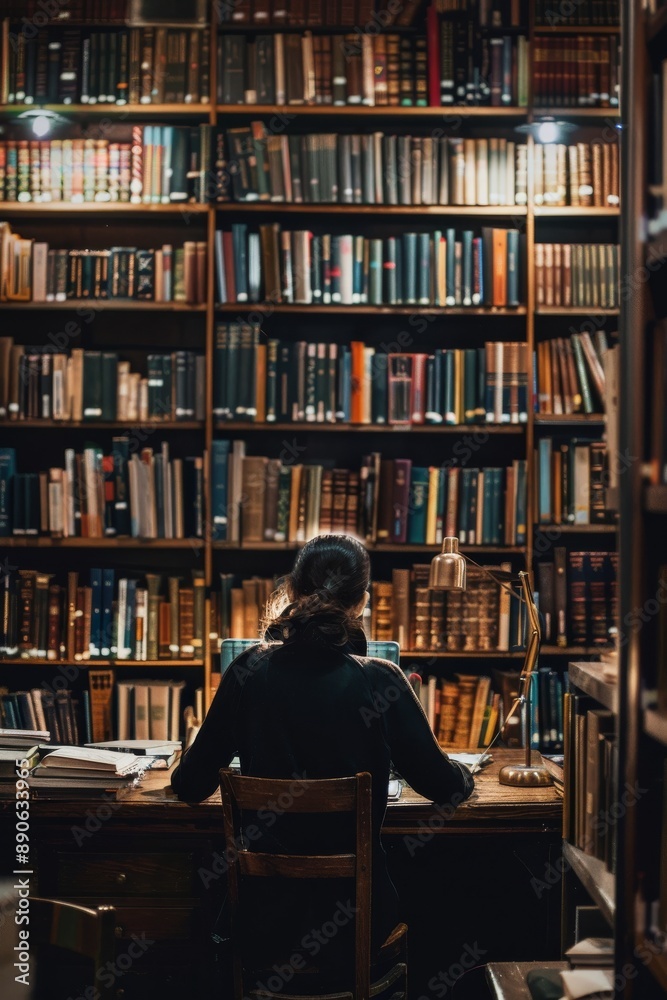 Ultra sharp photo of a librarian at her desk in the library, with bookshelves and a cozy reading Ultra sharp photo of a librarian at her desk in the library, with bookshelves and a cozy reading