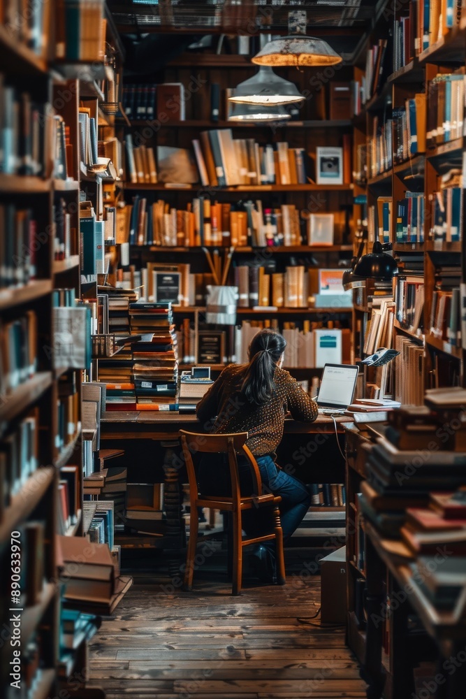 Ultra sharp photo of a librarian at her desk in the library, with bookshelves and a cozy reading Ultra sharp photo of a librarian at her desk in the library, with bookshelves and a cozy reading