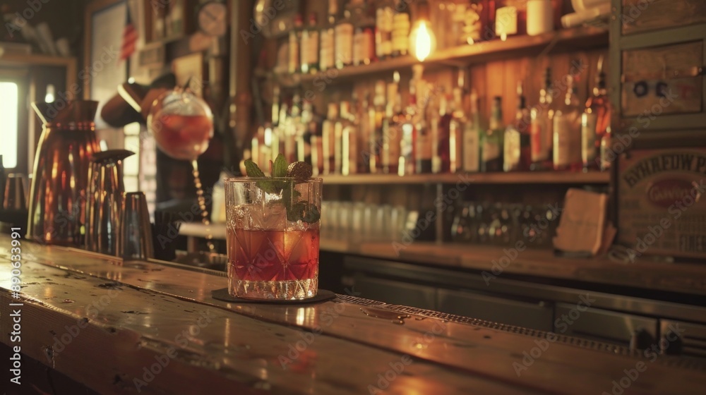 A rustic bar scene with a bartender preparing a classic whiskey cocktail, using a shaker, jigger, and fresh ingredients, the bar adorned with vintage decor. A rustic bar scene with a bartender preparing a classic whiskey cocktail, using a shaker, jigger, and fresh ingredients, the bar adorned with vintage decor.