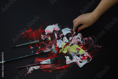 Paint splash of colors. Isolated on black background. Emotions, relaxation, social issues. photo