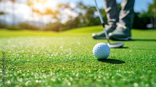Wallpaper Mural The image shows a golfer preparing to make a putt on a bright, sunlit golf course, focusing on the golf ball and club, emphasizing precision and concentration. Torontodigital.ca