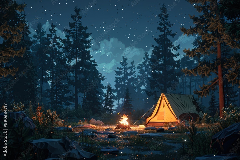 A small yellow tent is set up in a forest with a fire burning nearby A small yellow tent is set up in a forest with a fire burning nearby
