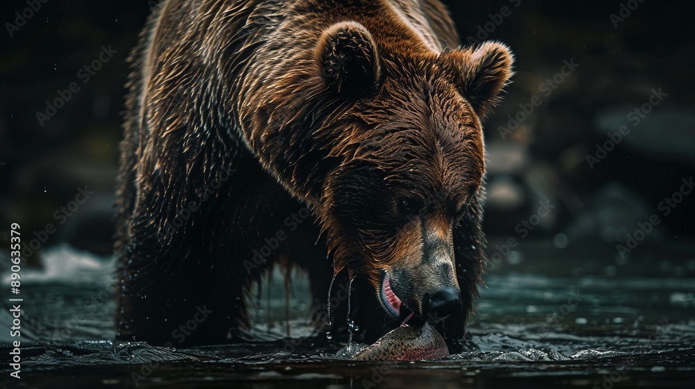 A majestic brown bear is captured while catching a fish in a river, showcasing its hunting skills and the serene yet wild setting of its natural habitat.