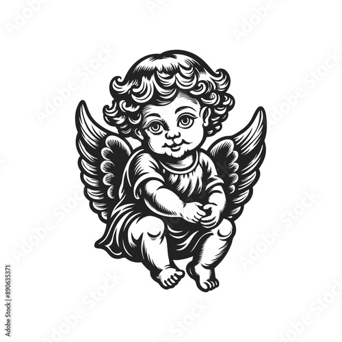 cute angel little cupid baby cartoon character engraving hand drawn illustration isolated white background