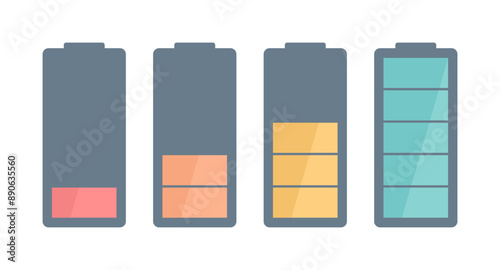 Set of battery charge indicator icons, isolated on a white background. Flat vector illustration