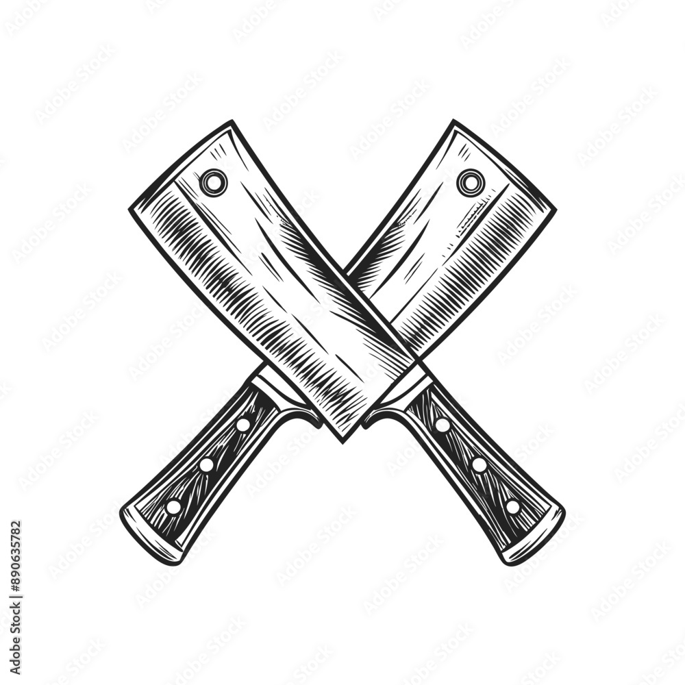Obraz premium crossed butcher knife engraving hand drawn illustration isolated white background