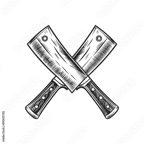 crossed butcher knife engraving hand drawn illustration isolated white background