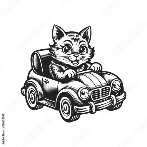 cute cat driving a vintage car engraving hand drawn illustration isolated white background