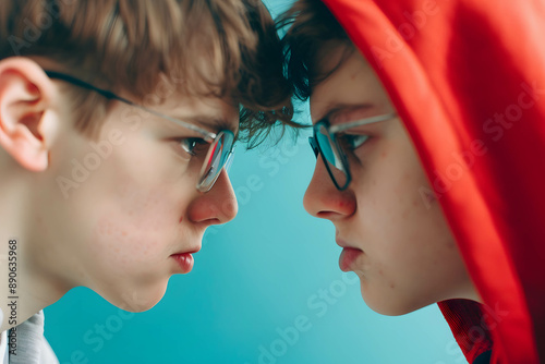 Illustration shows two characters engaged in an intense face-off, bullying and hate speech concept photo