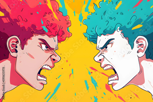 Illustration shows two characters engaged in an intense face-off, bullying and hate speech concept photo