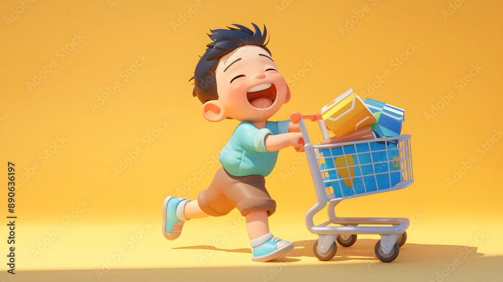 Boy pushing a shopping cart happy shopping Boy pushing a shopping cart happy shopping