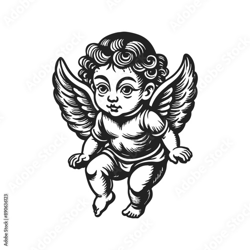 cute angel little cupid baby cartoon character engraving hand drawn illustration isolated white background