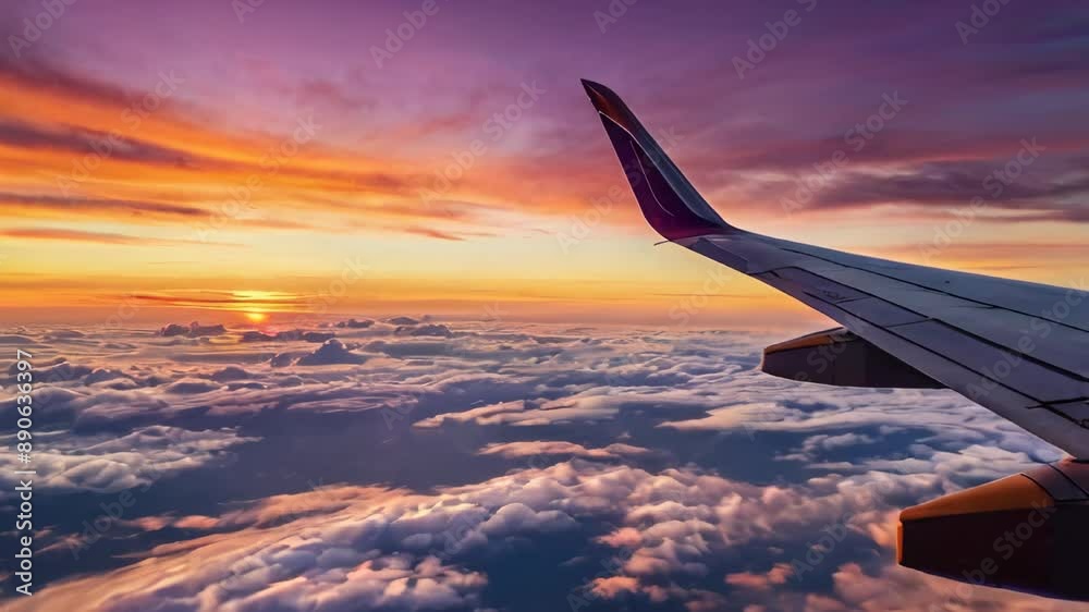 Airplane Wing Overlooking Sunset And Cloudscape During Flight Airplane Wing Overlooking Sunset And Cloudscape During Flight