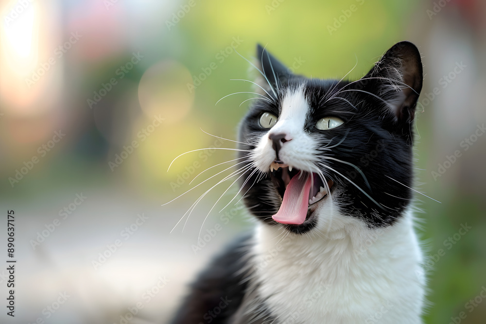A cat with a black and white face and yellow eyes. The cat has a pink tongue sticking out A cat with a black and white face and yellow eyes. The cat has a pink tongue sticking out