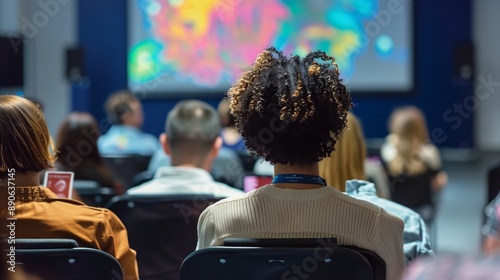 Diverse professionals engage in a global conference, emphasizing mental health inclusivity in modern society. Collaborative brainstorming sessions foster innovative solutions. photo