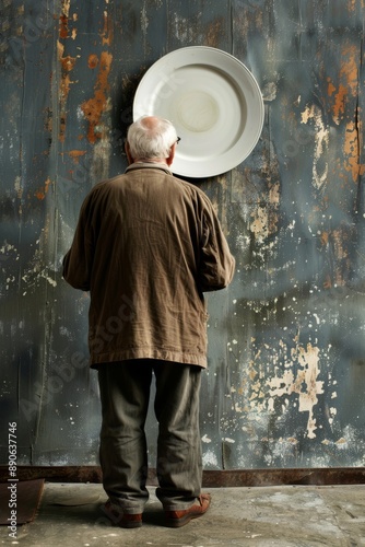Elderly person standing before an empty plate, symbolizing elder poverty and undernutrition