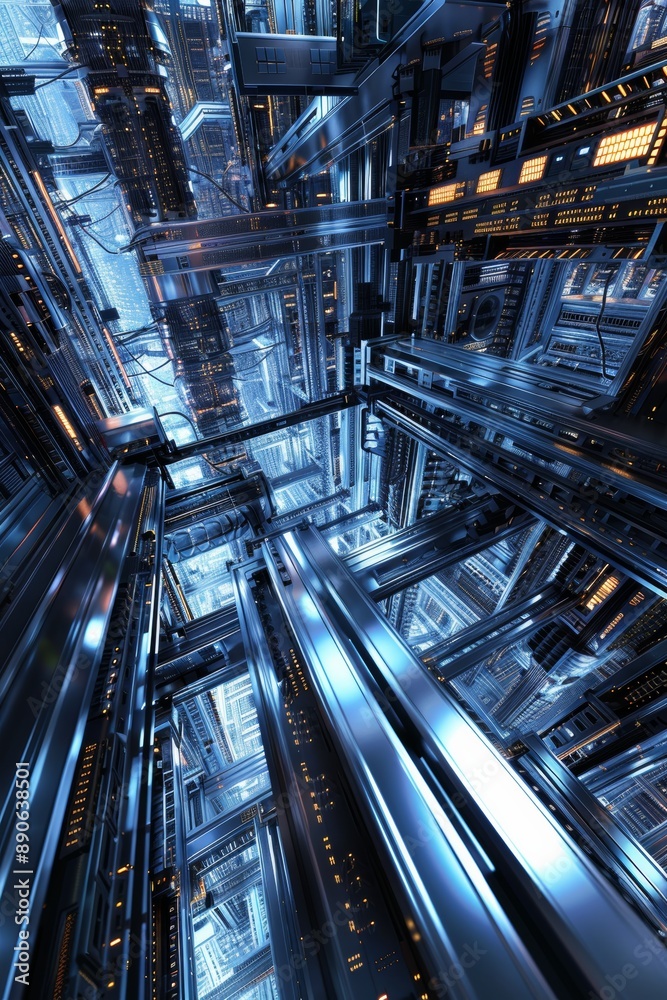 Ultra sharp 3D rendering of bustling data center with rack servers, supercomputers, modern Ultra sharp 3D rendering of bustling data center with rack servers, supercomputers, modern