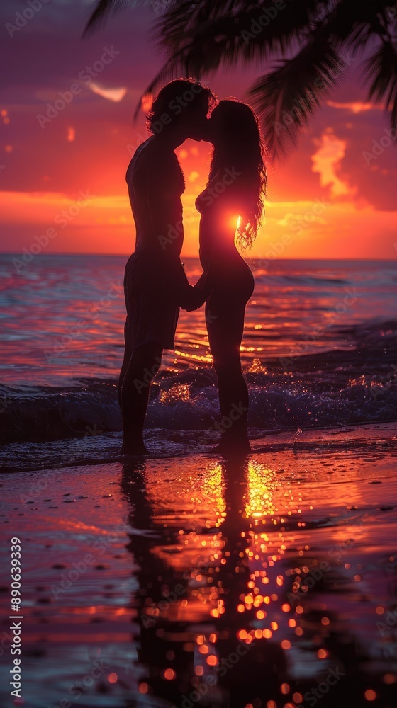 Silhouette of romantic couple kissing at sunset on a serene beach, enjoying a dreamy vacation in a warm tropical holiday destination. Love, romance, honeymoon, Valentine's Day. Silhouette of romantic couple kissing at sunset on a serene beach, enjoying a dreamy vacation in a warm tropical holiday destination. Love, romance, honeymoon, Valentine's Day.