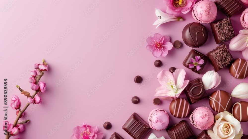 Pink blossoms and chocolates arranged on a pink surface